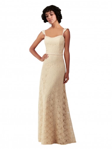 Compre Champán línea A Cuello de Corazón Encaje Largo Vestidos de dama de honor