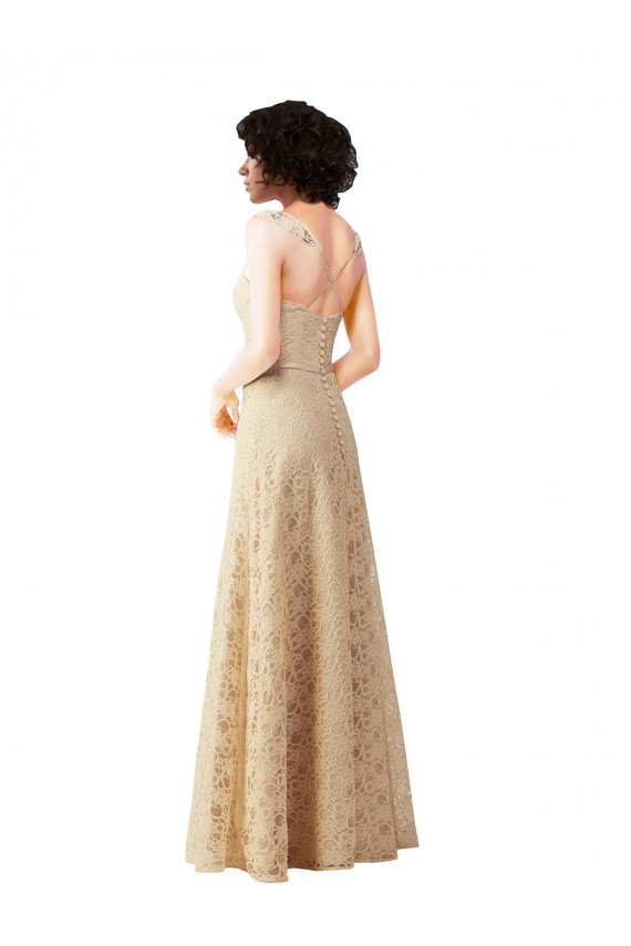Compre Champán línea A Cuello de Corazón Encaje Largo Vestidos de dama de honor