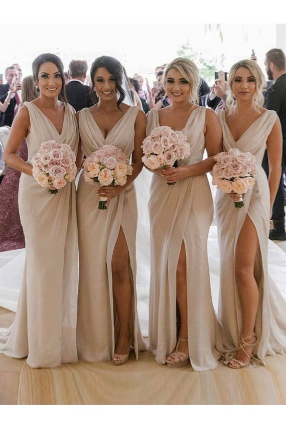 Compre Champán línea A Cuello en V Gasa Largo Vestidos de dama de honor