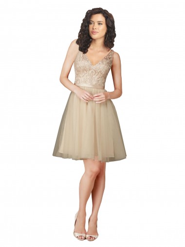 Compre Champán línea A Cuello en V Tul Encaje Corto Vestidos de dama de honor