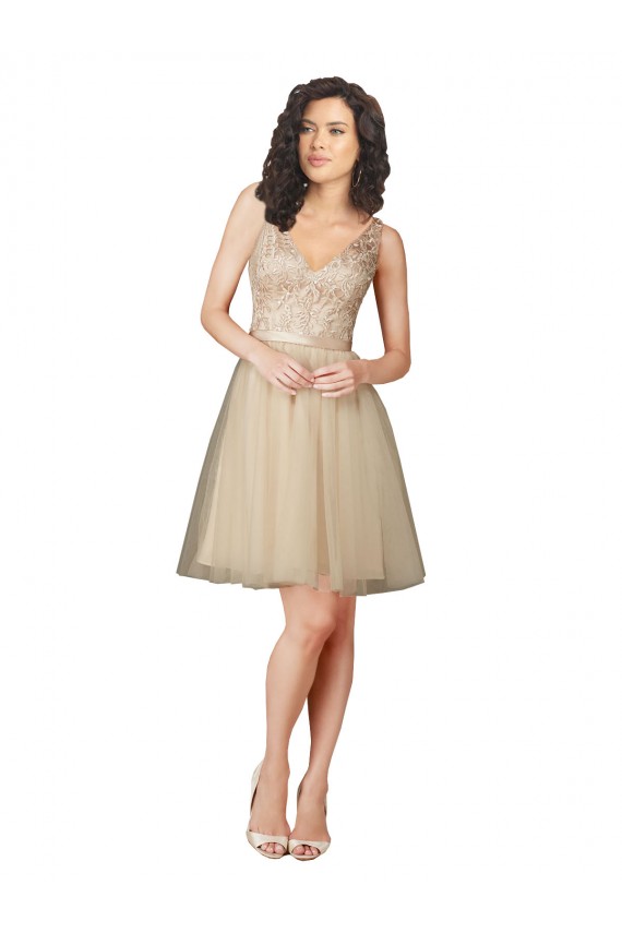 Compre Champán línea A Cuello en V Tul Encaje Corto Vestidos de dama de honor