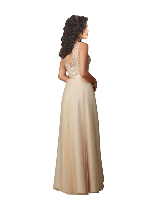 Compre Champán línea A Cuello en V Tul Encaje Largo Vestidos de dama de honor