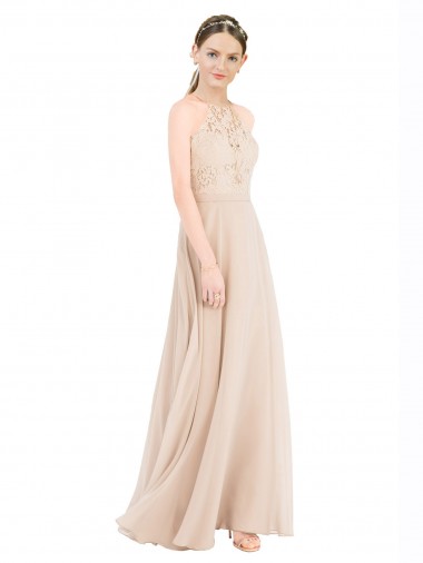 Compre Champán línea A Halter Cuello Alto Gasa Encaje Largo Vestidos de dama de honor / Vestidos de fiesta