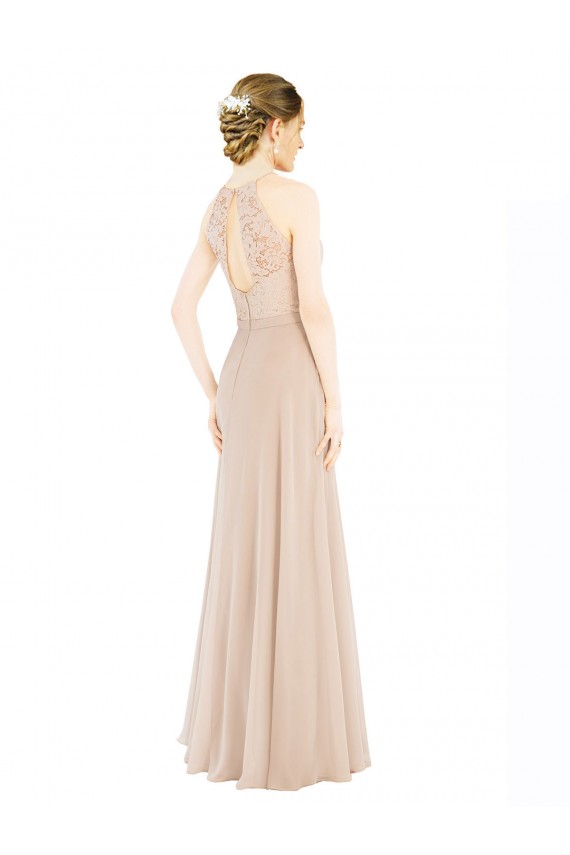 Compre Champán línea A Halter Cuello Alto Gasa Encaje Largo Vestidos de dama de honor / Vestidos de fiesta