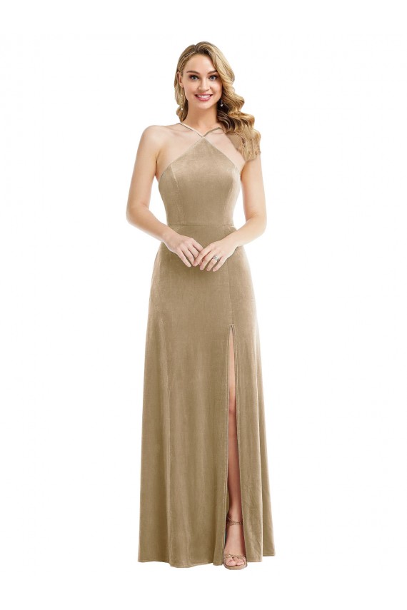 Compre Champán línea A Halter Cuello Alto Terciopelo Elástico Largo Vestidos de dama de honor / Vestidos de fiesta