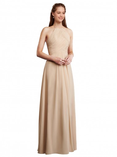 Compre Champán línea A Halter Gasa Largo Vestidos de dama de honor