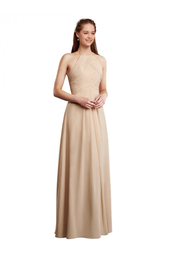Compre Champán línea A Halter Gasa Largo Vestidos de dama de honor