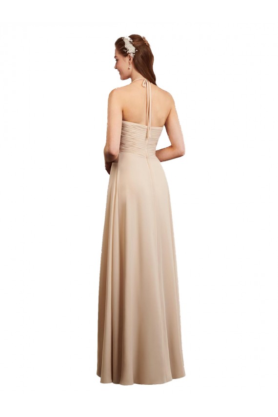 Compre Champán línea A Halter Gasa Largo Vestidos de dama de honor