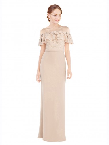 Compre Champán línea A Hombros Descubiertos Gasa Encaje Largo Vestidos de dama de honor / Vestidos de fiesta