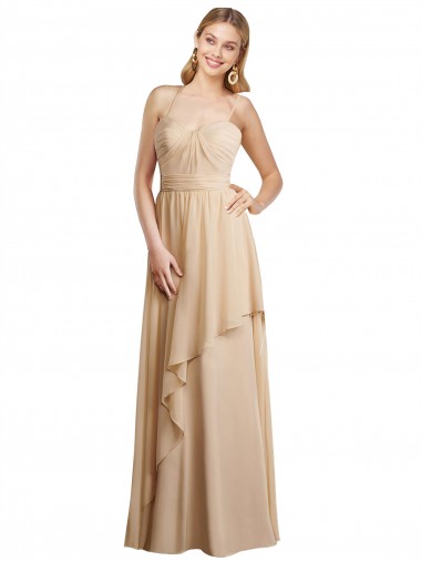 Compre Champán línea A Tirantes espagueti Gasa Largo Vestidos de dama de honor