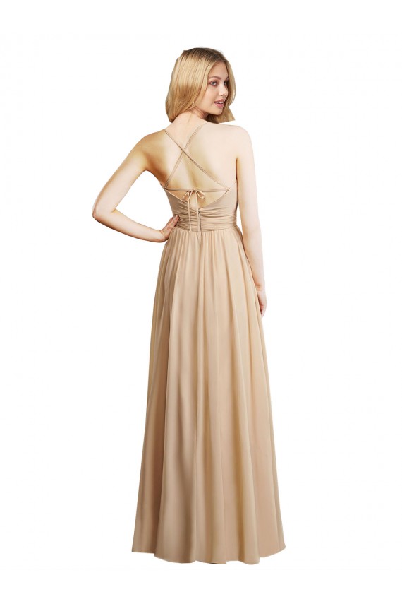 Compre Champán línea A Tirantes espagueti Gasa Largo Vestidos de dama de honor