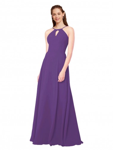 Compre Ciruela Cubierta Cuello Alto Gasa Largo Vestidos de dama de honor