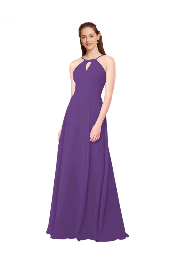 Compre Ciruela Cubierta Cuello Alto Gasa Largo Vestidos de dama de honor