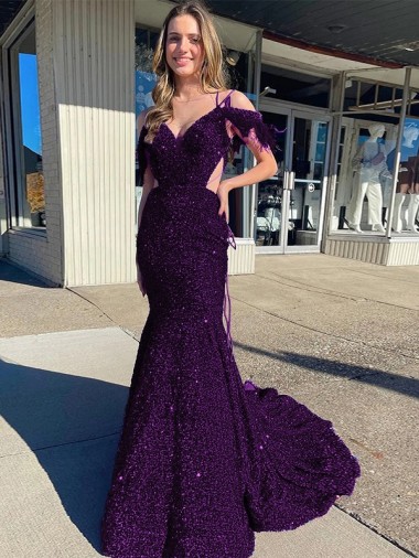 Compre Ciruela Cubierta Tirantes espagueti Cuello en V Cola corte Lentejuelas Terciopelo Largo Vestidos de fiesta