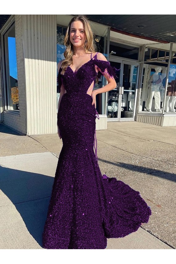Compre Ciruela Cubierta Tirantes espagueti Cuello en V Cola corte Lentejuelas Terciopelo Largo Vestidos de fiesta