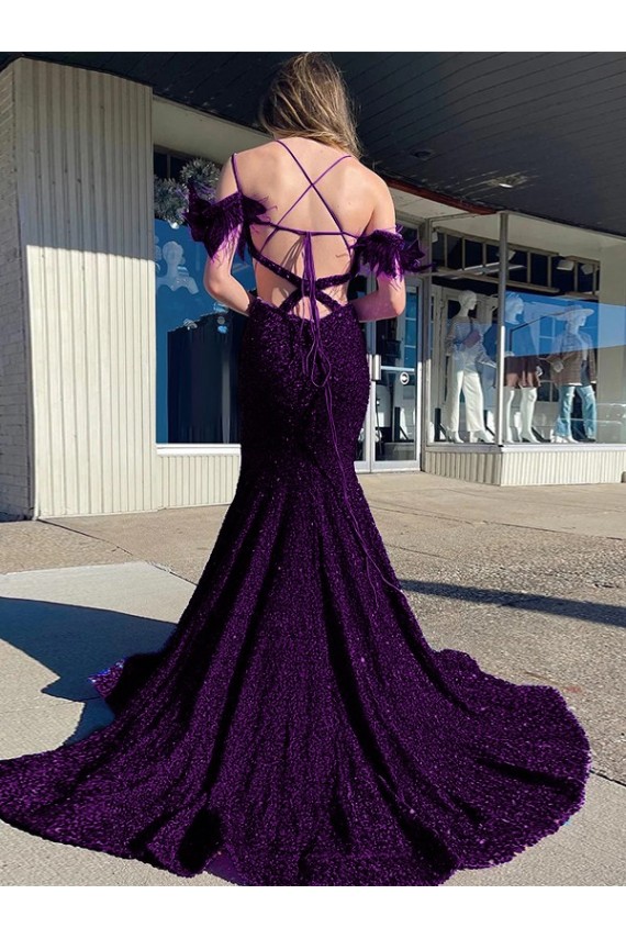 Compre Ciruela Cubierta Tirantes espagueti Cuello en V Cola corte Lentejuelas Terciopelo Largo Vestidos de fiesta