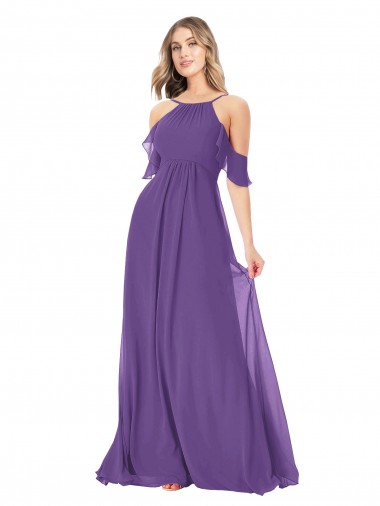 Compre Ciruela línea A Hombros Descubiertos Gasa Largo Vestidos de dama de honor