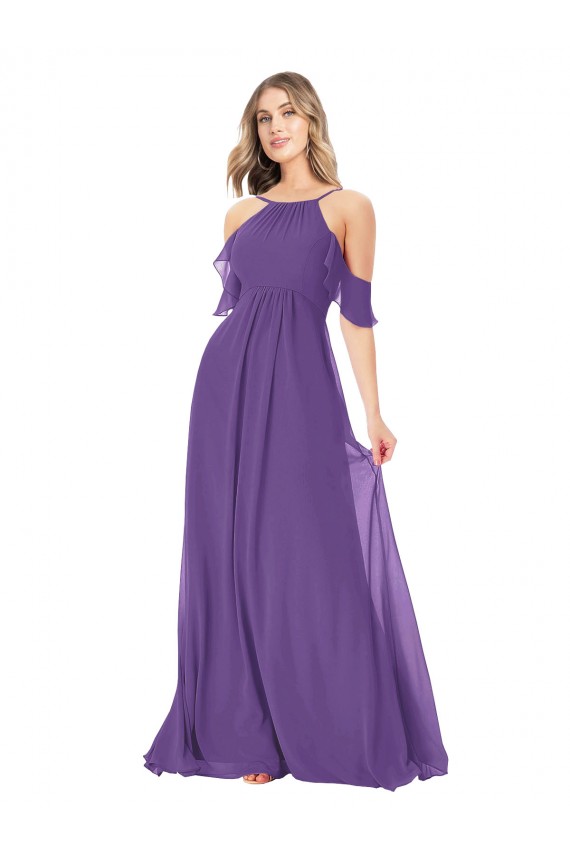 Compre Ciruela línea A Hombros Descubiertos Gasa Largo Vestidos de dama de honor