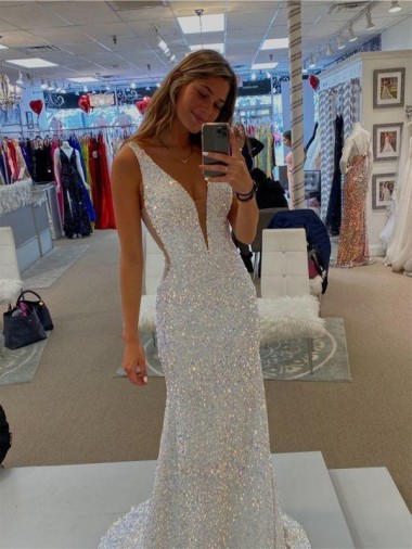 Compre Color mostrado Cubierta Cuello en V Barrer tren Lentejuelas Terciopelo Largo Vestidos de fiesta