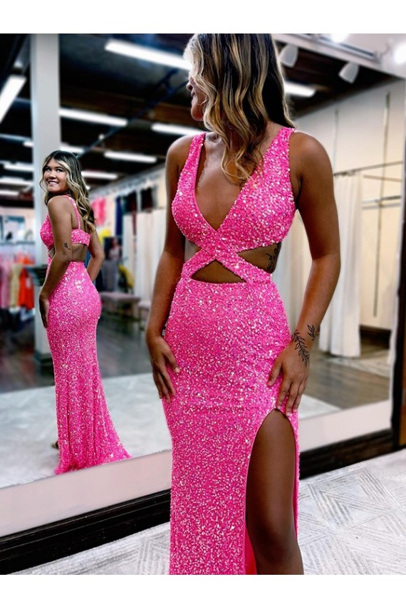 Compre Color mostrado Cubierta Cuello en V Barrer tren Lentejuelas Terciopelo Largo Vestidos de fiesta