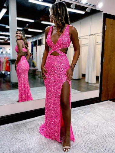 Compre Color mostrado Cubierta Cuello en V Barrer tren Lentejuelas Terciopelo Largo Vestidos de fiesta