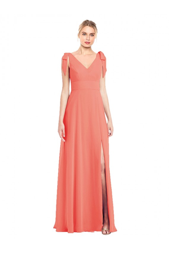 Compre Coral Trompeta Cuello en V Gasa Largo Vestidos de dama de honor