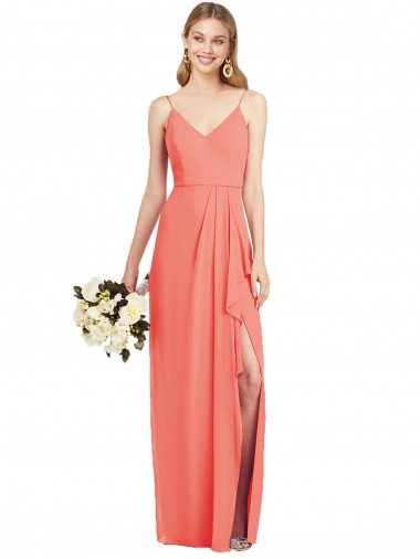 Compre Coral Trompeta Tirantes espagueti Cuello en V Gasa Largo Vestidos de dama de honor