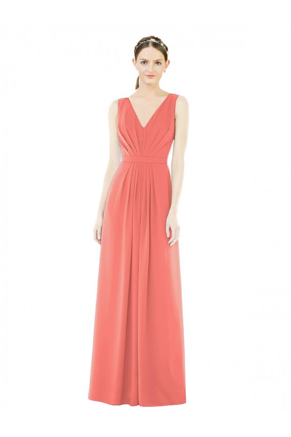 Compre Coral línea A Cuello en V Gasa Largo Vestidos de dama de honor