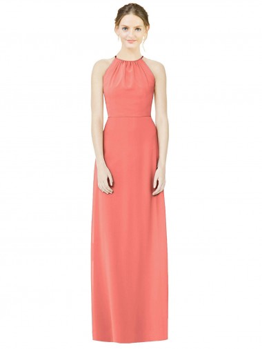 Compre Coral línea A Halter Gasa Largo Vestidos de dama de honor