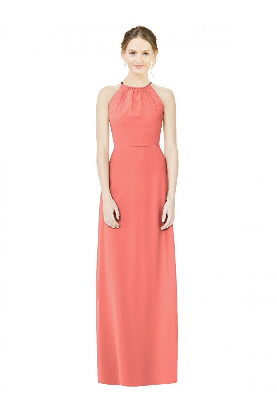 Compre Coral línea A Halter Gasa Largo Vestidos de dama de honor