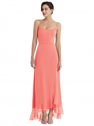Compre Coral línea A Tirantes espagueti Cucharón Gasa Largo Asimétrico Vestidos de dama de honor