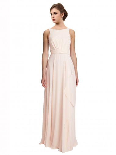 Compre Crema Rosa línea A Barco Cuello Alto Gasa Largo Vestidos de dama de honor