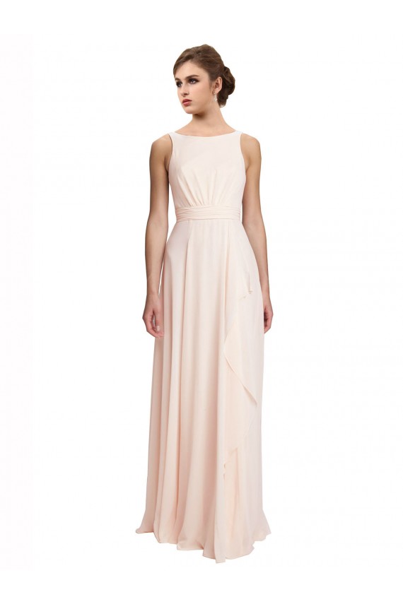 Compre Crema Rosa línea A Barco Cuello Alto Gasa Largo Vestidos de dama de honor