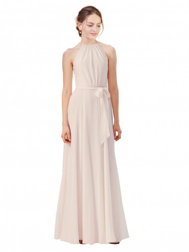 Compre Crema Rosa línea A Barco Cuello Alto Gasa Largo Vestidos de dama de honor
