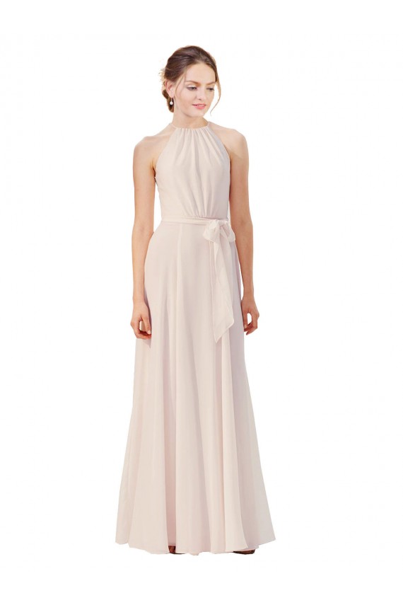 Compre Crema Rosa línea A Barco Cuello Alto Gasa Largo Vestidos de dama de honor