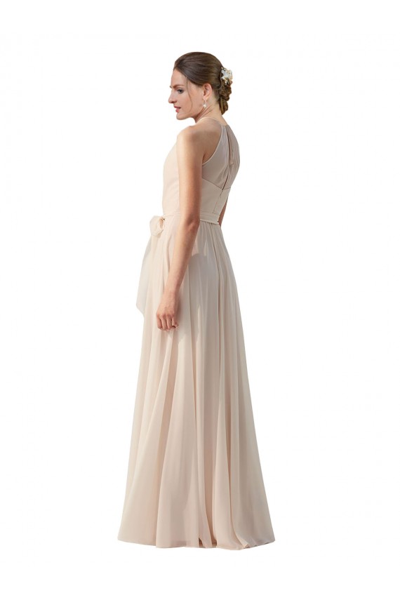 Compre Crema Rosa línea A Barco Cuello Alto Gasa Largo Vestidos de dama de honor