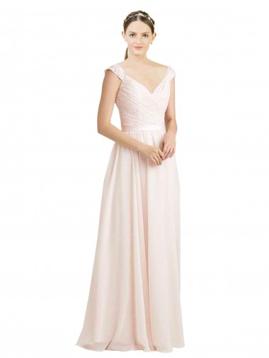 Compre Crema Rosa línea A Cuello de Corazón Gasa Encaje Largo Vestidos de dama de honor