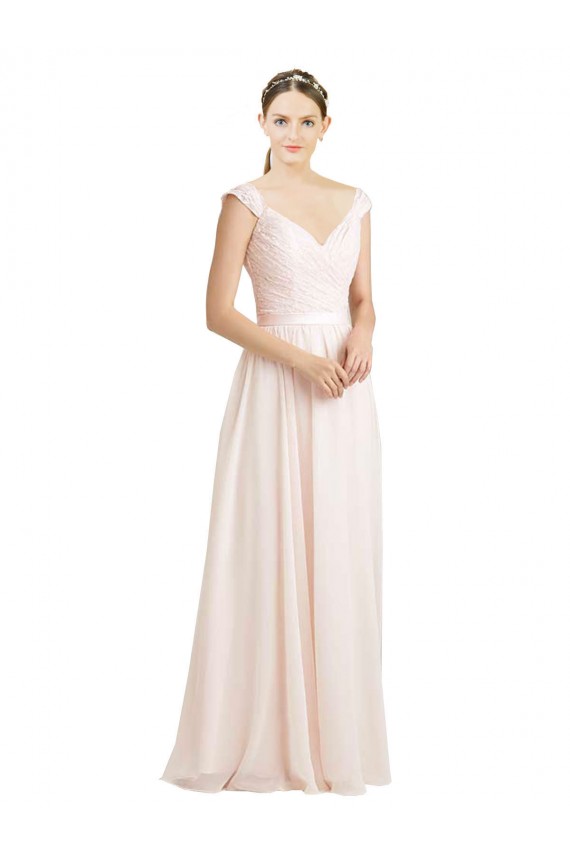 Compre Crema Rosa línea A Cuello de Corazón Gasa Encaje Largo Vestidos de dama de honor
