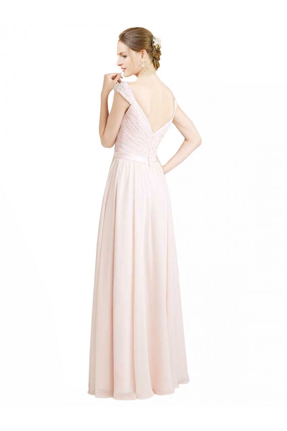 Compre Crema Rosa línea A Cuello de Corazón Gasa Encaje Largo Vestidos de dama de honor