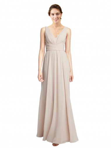 Compre Crema Rosa línea A Cuello en V Gasa Largo Vestidos de dama de honor