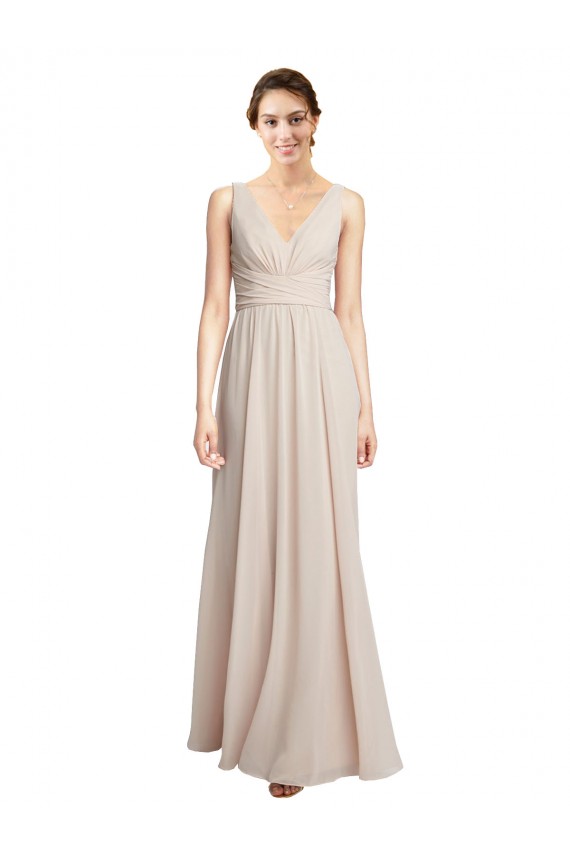 Compre Crema Rosa línea A Cuello en V Gasa Largo Vestidos de dama de honor