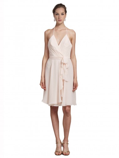 Compre Crema Rosa línea A Halter Cuello en V Gasa Corto Vestidos de dama de honor / Vestidos de cóctel / Vestidos para homecoming