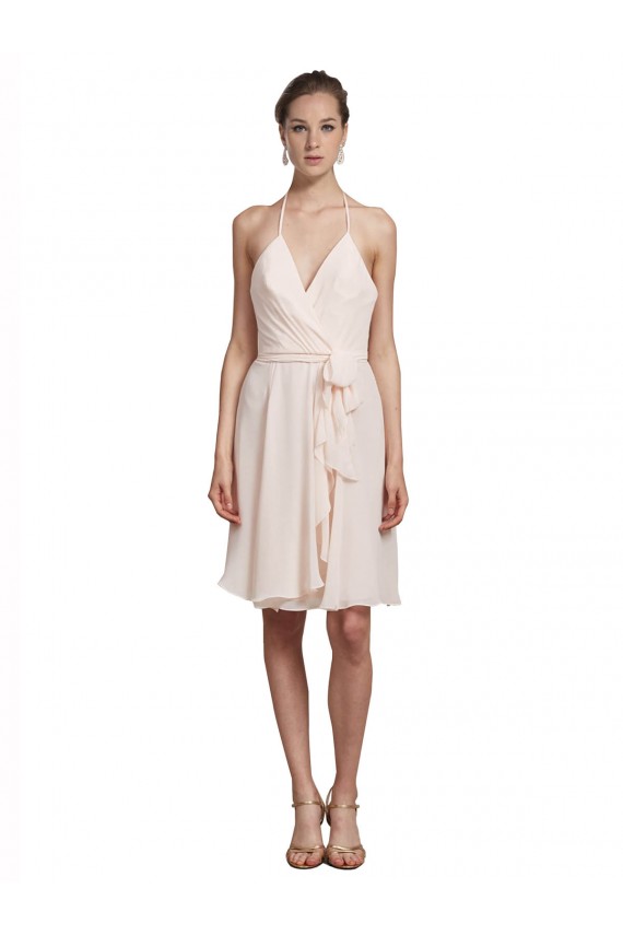 Compre Crema Rosa línea A Halter Cuello en V Gasa Corto Vestidos de dama de honor / Vestidos de cóctel / Vestidos para homecoming