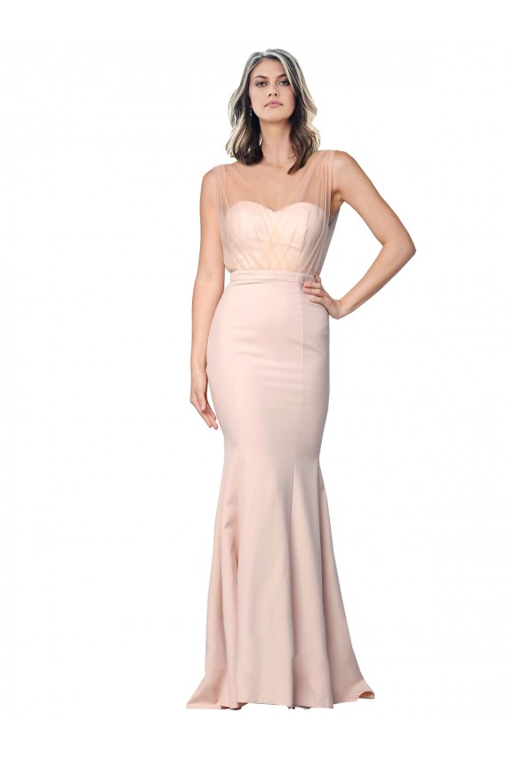 Compre Cubierta Cuello de Corazón Crepé Elástico Tul Largo Formales Vestidos de dama de honor / Vestidos de fiesta