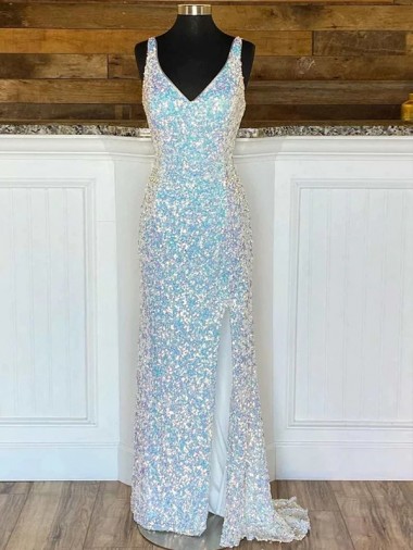 Compre Cubierta Cuello en V Barrer tren Lentejuelas Terciopelo Largo Vestidos de fiesta