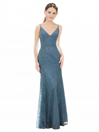 Compre Cubierta Tirantes espagueti Cuello en V Encaje Largo Vestidos de dama de honor