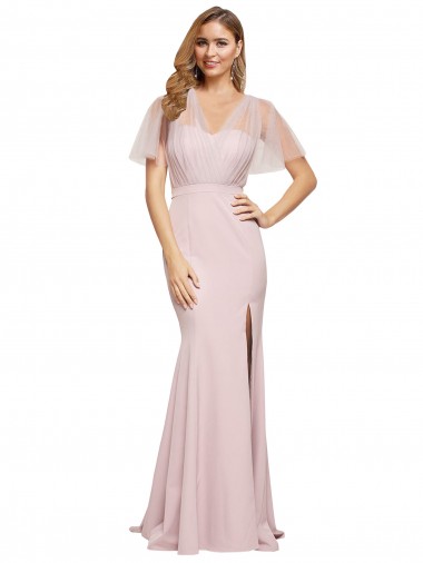 Compre Cubierta Un Hombre Cuello de Corazón Crepé Elástico Tul Largo Formales Vestidos de dama de honor / Vestidos de fiesta