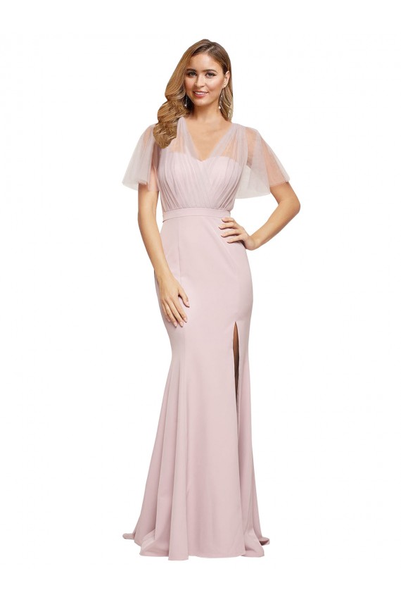 Compre Cubierta Un Hombre Cuello de Corazón Crepé Elástico Tul Largo Formales Vestidos de dama de honor / Vestidos de fiesta