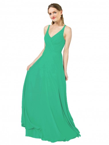 Compre Esmeralda Cubierta Cuello en V Gasa Largo Vestidos de dama de honor