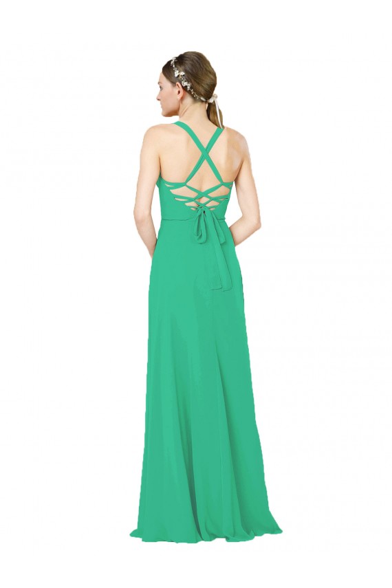 Compre Esmeralda Cubierta Cuello en V Gasa Largo Vestidos de dama de honor